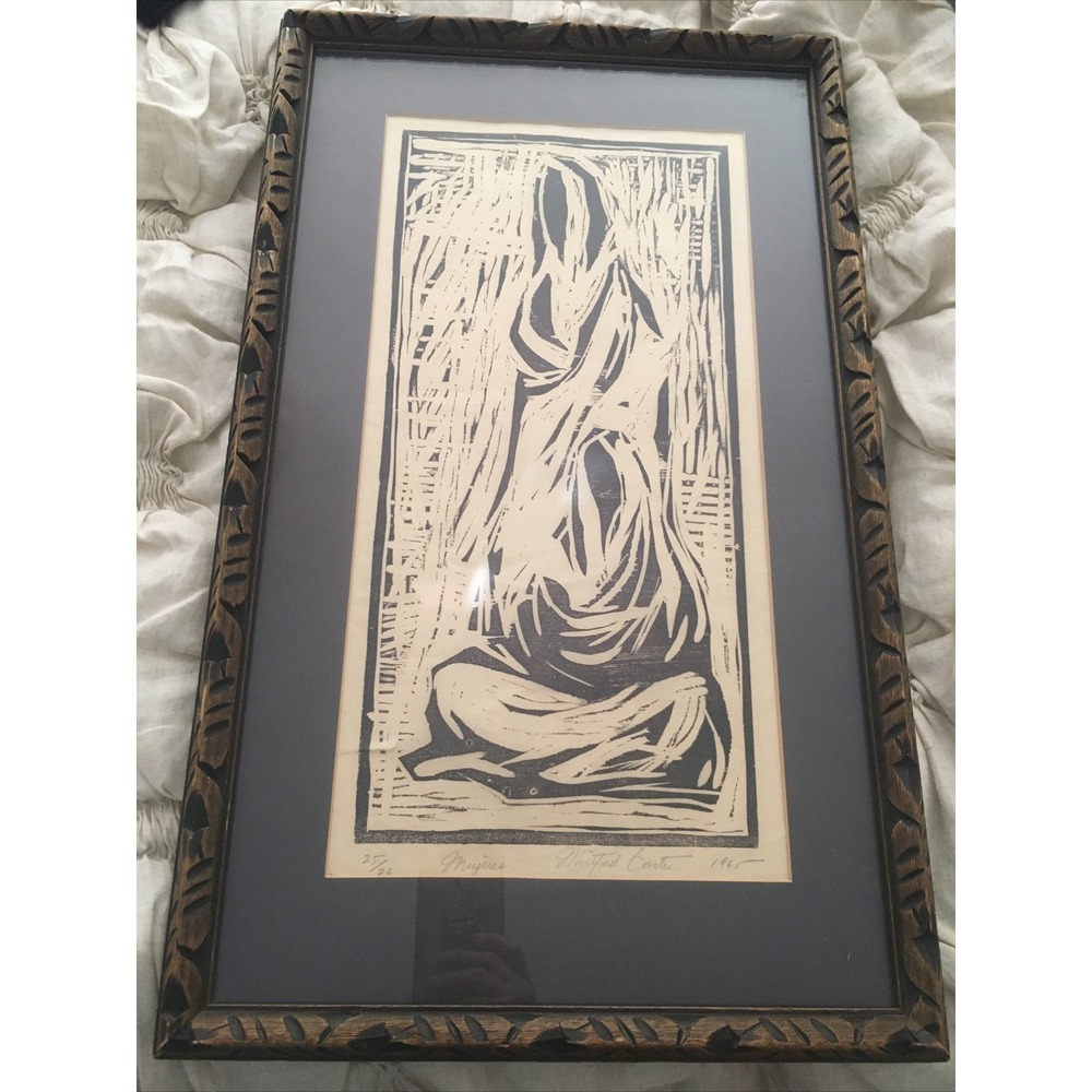 Vintage Mujeres Woodcut mexican framed art signed numbered mexican wood frame